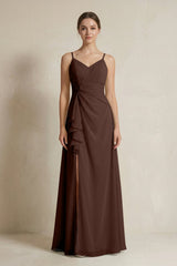 A - Line Ruffled Spaghetti Strap Chiffon Bridesmaid Dress in Espresso - KISS BRIDAL Bridesmaid Dresses