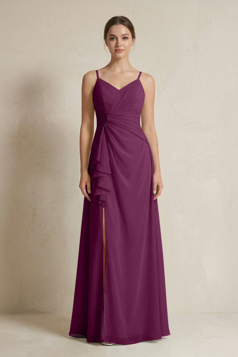 A - Line Ruffled Spaghetti Strap Chiffon Bridesmaid Dress in Fig - SHE IS ME Bridesmaid Dresses