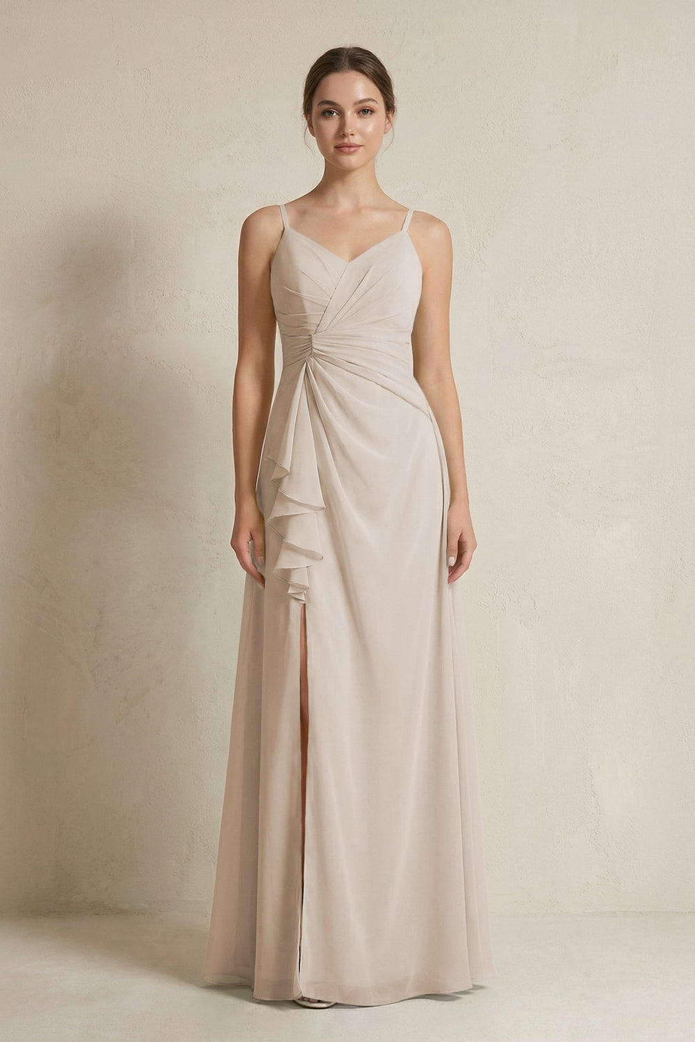 A - Line Ruffled Spaghetti Strap Chiffon Bridesmaid Dress in Frost - SHE IS ME Bridesmaid Dresses