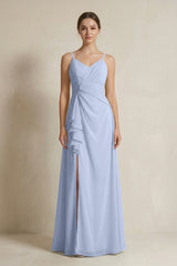 A - Line Ruffled Spaghetti Strap Chiffon Bridesmaid Dress in Ice - KISS BRIDAL Bridesmaid Dresses