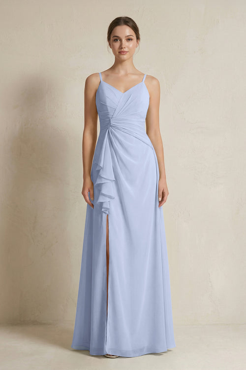 A - Line Ruffled Spaghetti Strap Chiffon Bridesmaid Dress in Ice - KISS BRIDAL Bridesmaid Dresses
