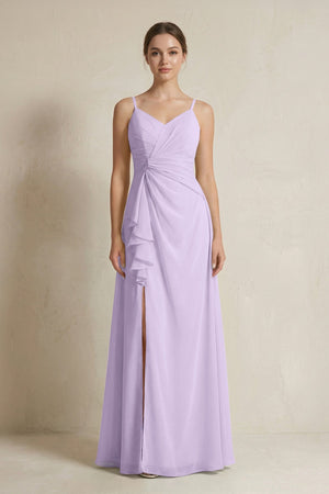 A - Line Ruffled Spaghetti Strap Chiffon Bridesmaid Dress in Lavender - SHE IS ME Bridesmaid Dresses