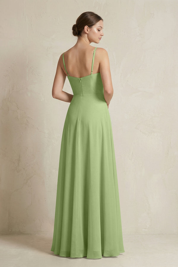 A - Line Ruffled Spaghetti Strap Chiffon Bridesmaid Dress in Matcha - SHE IS ME Bridesmaid Dresses