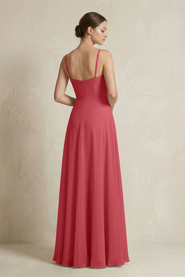 A - Line Ruffled Spaghetti Strap Chiffon Bridesmaid Dress in Merlot - SHE IS ME Bridesmaid Dresses