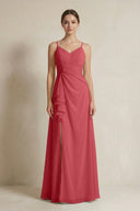 A - Line Ruffled Spaghetti Strap Chiffon Bridesmaid Dress in Merlot - SHE IS ME Bridesmaid Dresses