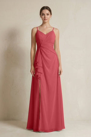 A - Line Ruffled Spaghetti Strap Chiffon Bridesmaid Dress in Merlot - SHE IS ME Bridesmaid Dresses
