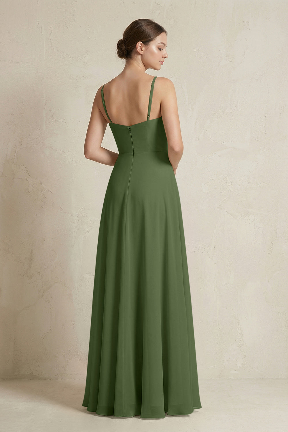 A-Line Ruffled Spaghetti Strap Chiffon Bridesmaid Dress in Moss