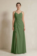 A - Line Ruffled Spaghetti Strap Chiffon Bridesmaid Dress in Moss - SHE IS ME Bridesmaid Dresses