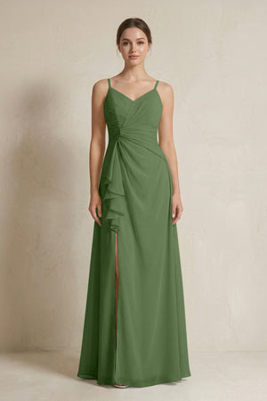 A - Line Ruffled Spaghetti Strap Chiffon Bridesmaid Dress in Moss - SHE IS ME Bridesmaid Dresses