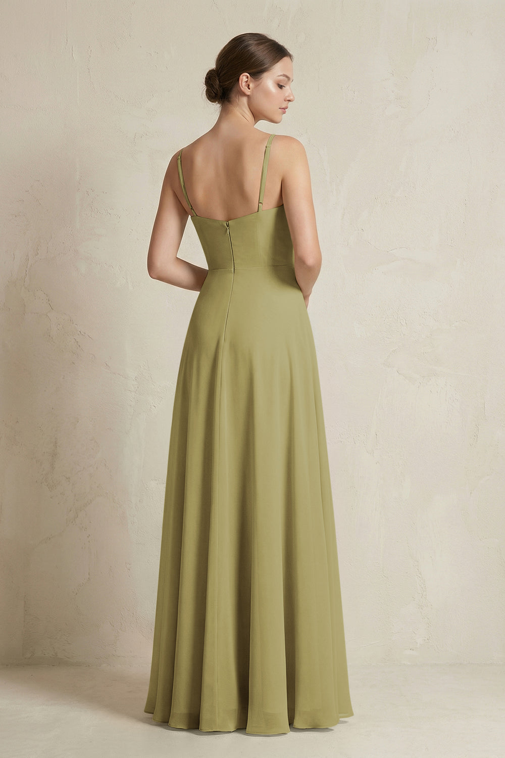 A-Line Ruffled Spaghetti Strap Chiffon Bridesmaid Dress in Moss Green