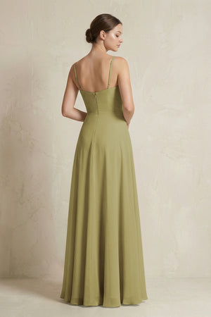 A-Line Ruffled Spaghetti Strap Chiffon Bridesmaid Dress in Moss Green (2) | KISSBRIDAL