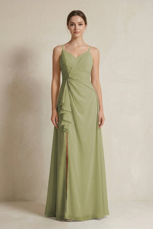 A - Line Ruffled Spaghetti Strap Chiffon Bridesmaid Dress in Moss Green - SHE IS ME Bridesmaid Dresses