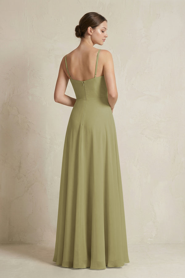 A - Line Ruffled Spaghetti Strap Chiffon Bridesmaid Dress in Moss Green - KISS BRIDAL Bridesmaid Dresses