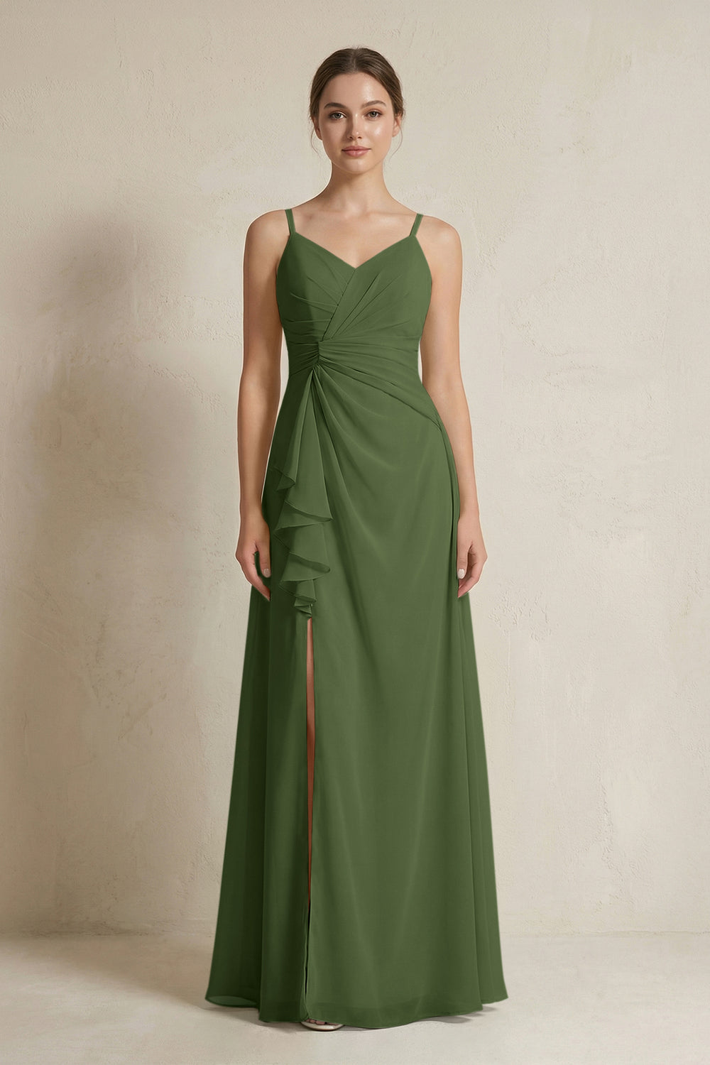 A-Line Ruffled Spaghetti Strap Chiffon Bridesmaid Dress in Moss