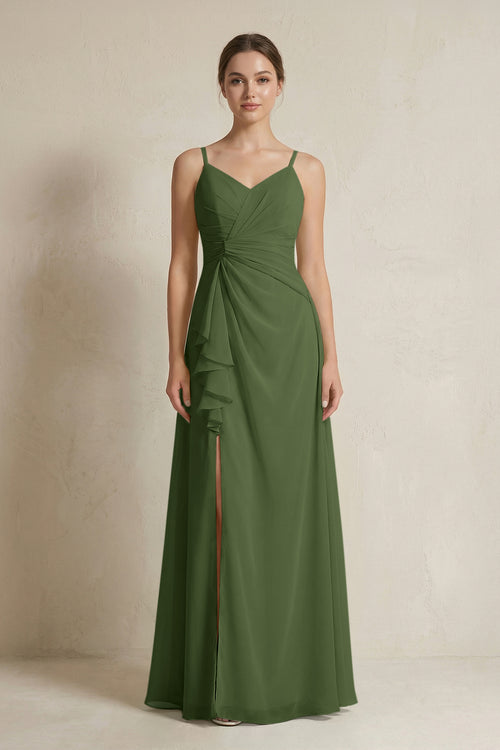A-Line Ruffled Spaghetti Strap Chiffon Bridesmaid Dress in Moss | KISSBRIDAL