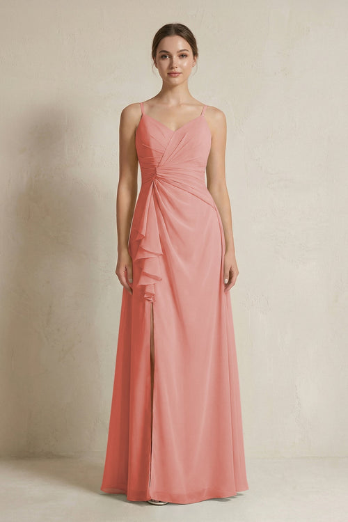 A - Line Ruffled Spaghetti Strap Chiffon Bridesmaid Dress in Mulberry - SHE IS ME Bridesmaid Dresses