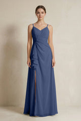 A - Line Ruffled Spaghetti Strap Chiffon Bridesmaid Dress in Navy - KISS BRIDAL Bridesmaid Dresses