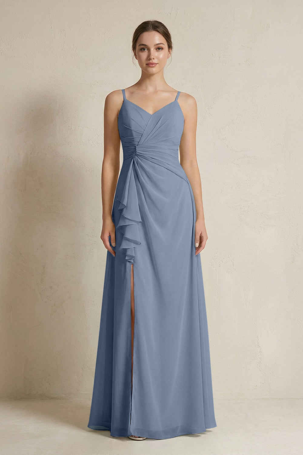 A - Line Ruffled Spaghetti Strap Chiffon Bridesmaid Dress in Neptune - SHE IS ME Bridesmaid Dresses
