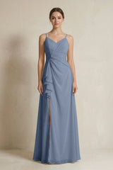 A - Line Ruffled Spaghetti Strap Chiffon Bridesmaid Dress in Neptune - KISS BRIDAL Bridesmaid Dresses