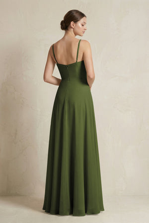 A - Line Ruffled Spaghetti Strap Chiffon Bridesmaid Dress in Olive - SHE IS ME Bridesmaid Dresses