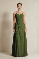 A - Line Ruffled Spaghetti Strap Chiffon Bridesmaid Dress in Olive - SHE IS ME Bridesmaid Dresses