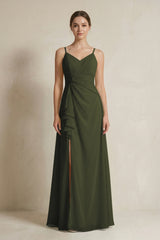 A - Line Ruffled Spaghetti Strap Chiffon Bridesmaid Dress in Olive - KISS BRIDAL Bridesmaid Dresses