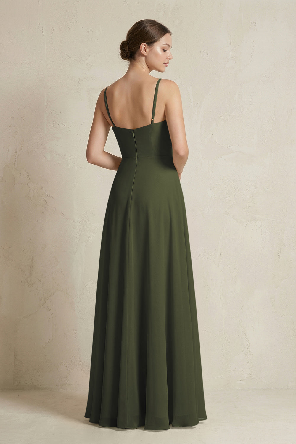 A-Line Ruffled Spaghetti Strap Chiffon Bridesmaid Dress in Olive