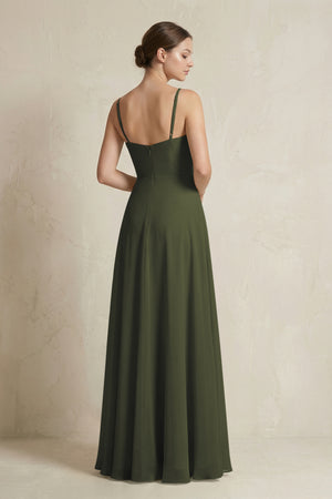 A - Line Ruffled Spaghetti Strap Chiffon Bridesmaid Dress in Olive - KISS BRIDAL Bridesmaid Dresses
