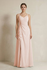 A - Line Ruffled Spaghetti Strap Chiffon Bridesmaid Dress in Pale Blush - KISS BRIDAL Bridesmaid Dresses