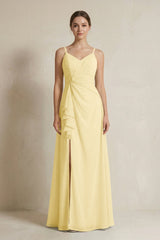 A - Line Ruffled Spaghetti Strap Chiffon Bridesmaid Dress in Pastel Yellow - KISS BRIDAL Bridesmaid Dresses