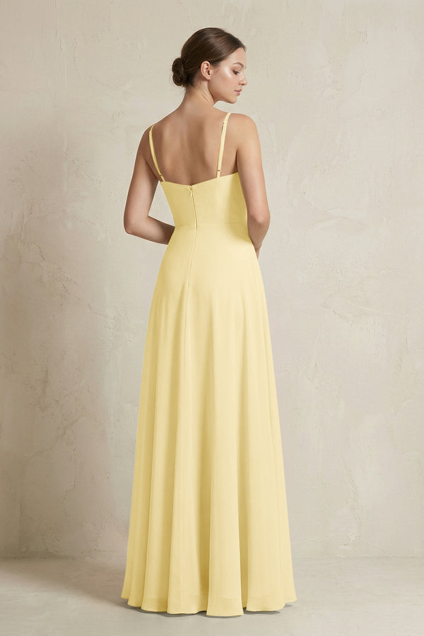 A - Line Ruffled Spaghetti Strap Chiffon Bridesmaid Dress in Pastel Yellow - SHE IS ME Bridesmaid Dresses
