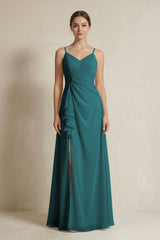 A - Line Ruffled Spaghetti Strap Chiffon Bridesmaid Dress in Pine - KISS BRIDAL Bridesmaid Dresses