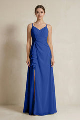 A - Line Ruffled Spaghetti Strap Chiffon Bridesmaid Dress in Royal Blue - KISS BRIDAL Bridesmaid Dresses