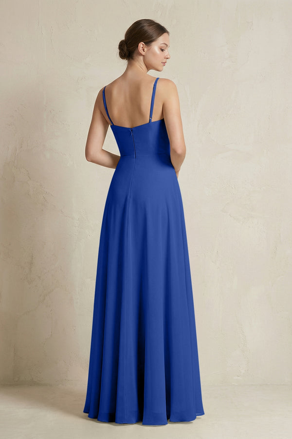 A - Line Ruffled Spaghetti Strap Chiffon Bridesmaid Dress in Royal Blue - SHE IS ME Bridesmaid Dresses