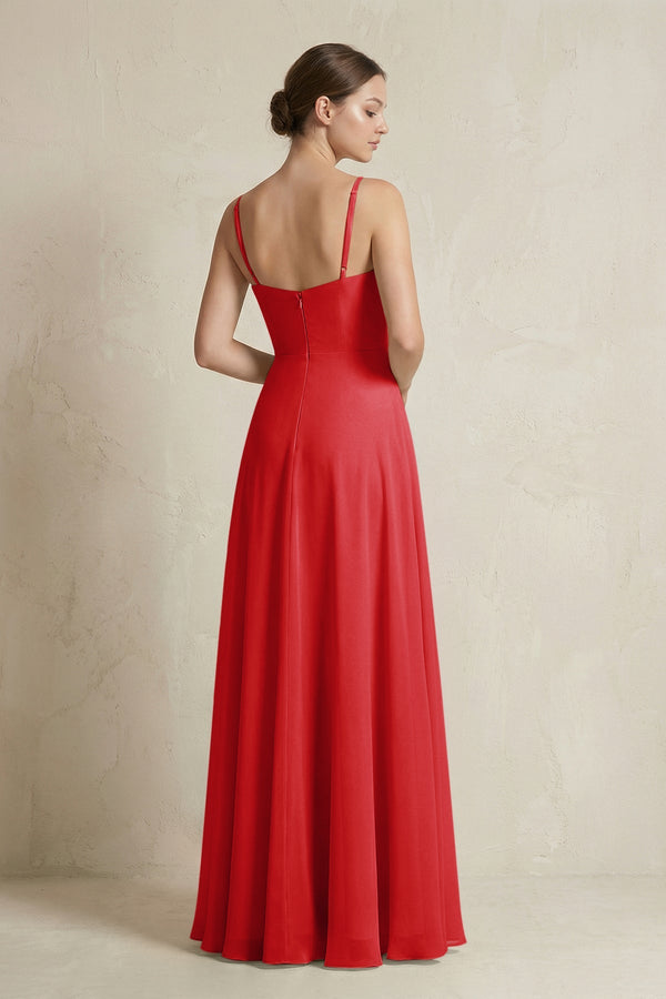 A - Line Ruffled Spaghetti Strap Chiffon Bridesmaid Dress in Ruby Red - SHE IS ME Bridesmaid Dresses