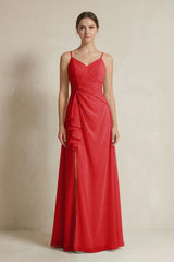 A - Line Ruffled Spaghetti Strap Chiffon Bridesmaid Dress in Ruby Red - KISS BRIDAL Bridesmaid Dresses