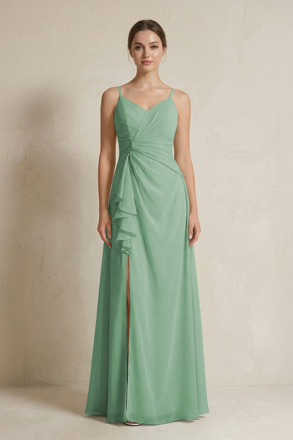 A - Line Ruffled Spaghetti Strap Chiffon Bridesmaid Dress in Sea Glass - SHE IS ME Bridesmaid Dresses