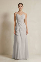 A - Line Ruffled Spaghetti Strap Chiffon Bridesmaid Dress in Silver - KISS BRIDAL Bridesmaid Dresses