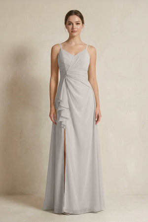 A - Line Ruffled Spaghetti Strap Chiffon Bridesmaid Dress in Silver - SHE IS ME Bridesmaid Dresses