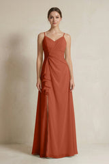 A - Line Ruffled Spaghetti Strap Chiffon Bridesmaid Dress in Spice - KISS BRIDAL Bridesmaid Dresses