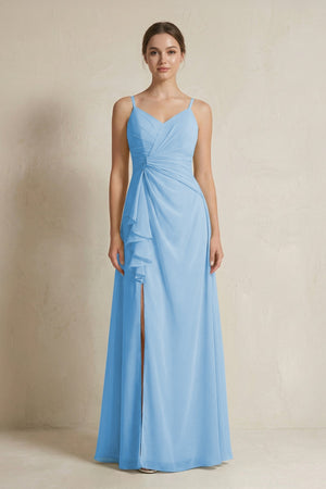A - Line Ruffled Spaghetti Strap Chiffon Bridesmaid Dress in Steel Blue - SHE IS ME Bridesmaid Dresses