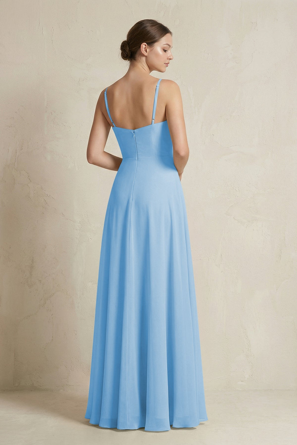 A - Line Ruffled Spaghetti Strap Chiffon Bridesmaid Dress in Steel Blue - SHE IS ME Bridesmaid Dresses