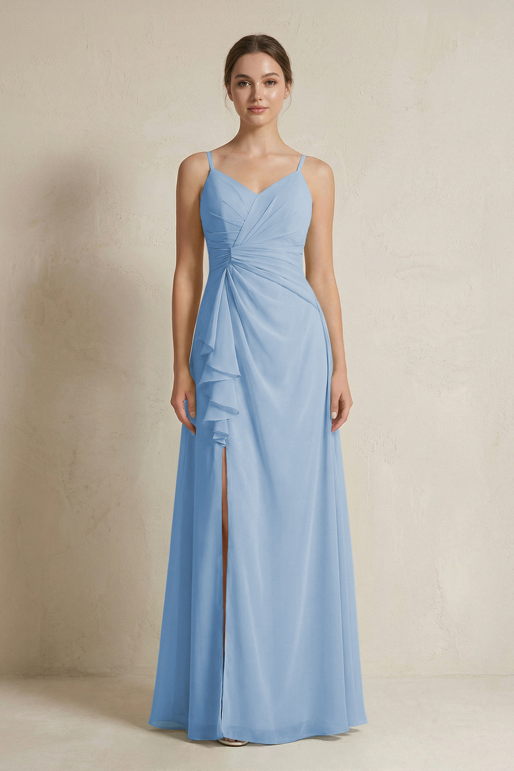 A-Line Ruffled Spaghetti Strap Chiffon Bridesmaid Dress in Steel Blue