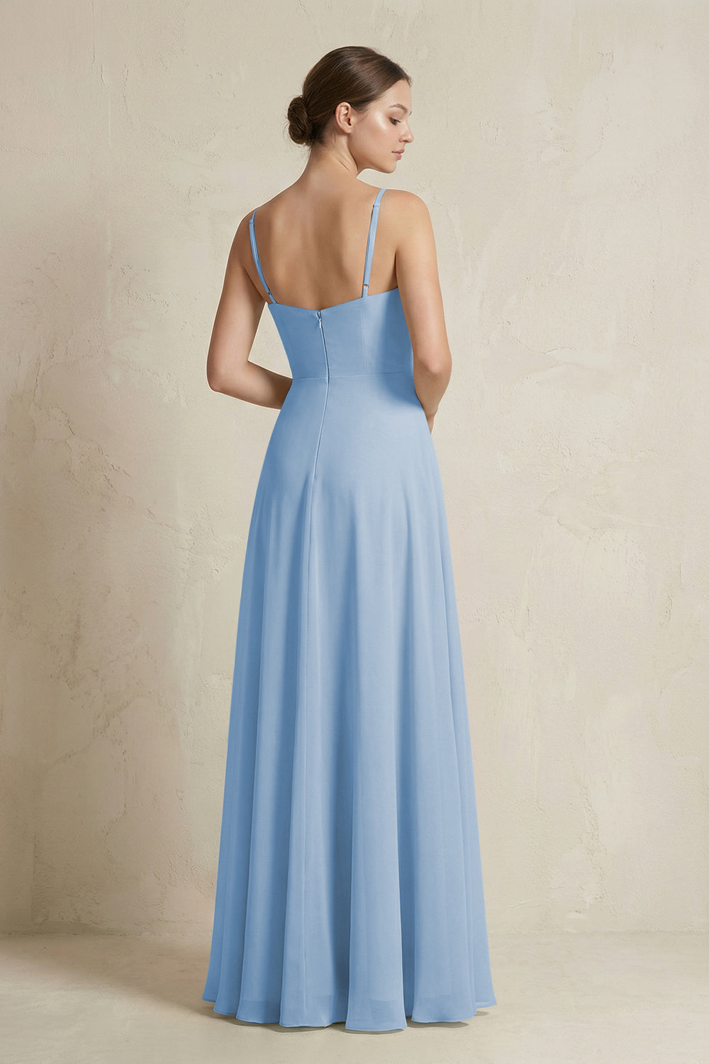 A-Line Ruffled Spaghetti Strap Chiffon Bridesmaid Dress in Steel Blue