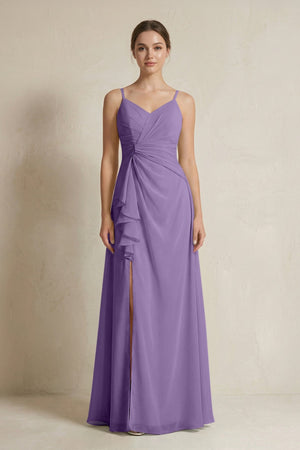 A - Line Ruffled Spaghetti Strap Chiffon Bridesmaid Dress in Tahiti - SHE IS ME Bridesmaid Dresses