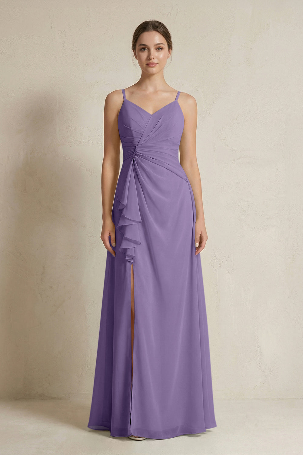 A-Line Ruffled Spaghetti Strap Chiffon Bridesmaid Dress in Tahiti