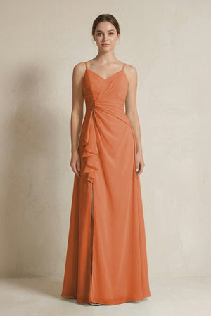 A - Line Ruffled Spaghetti Strap Chiffon Bridesmaid Dress in Terracotta - SHE IS ME Bridesmaid Dresses