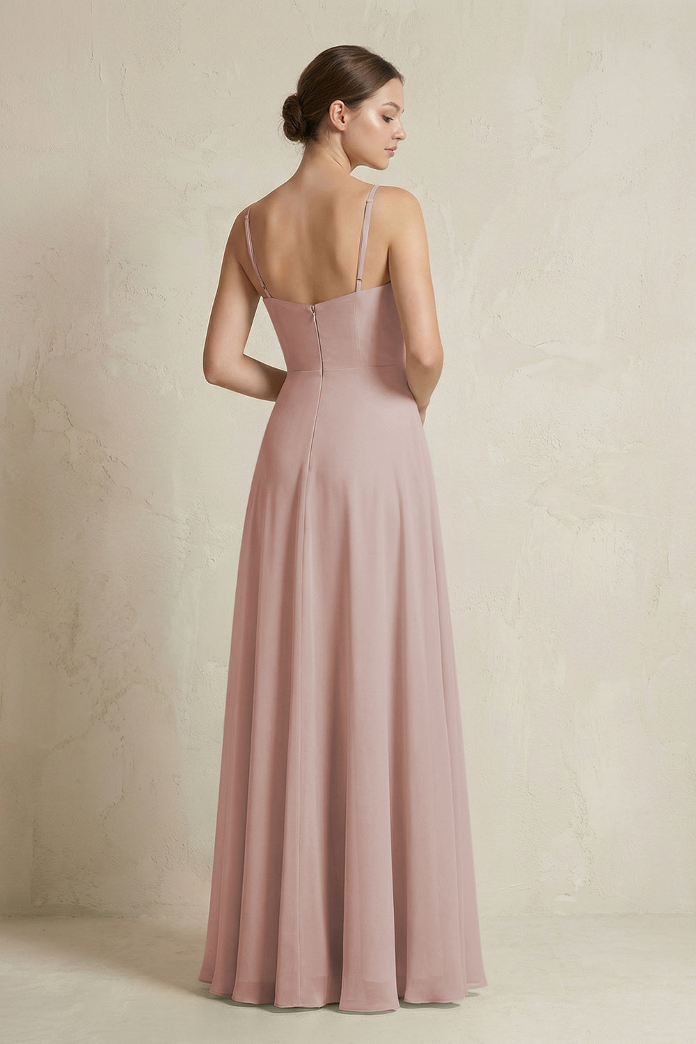A-Line Ruffled Spaghetti Strap Chiffon Bridesmaid Dress in Toffee