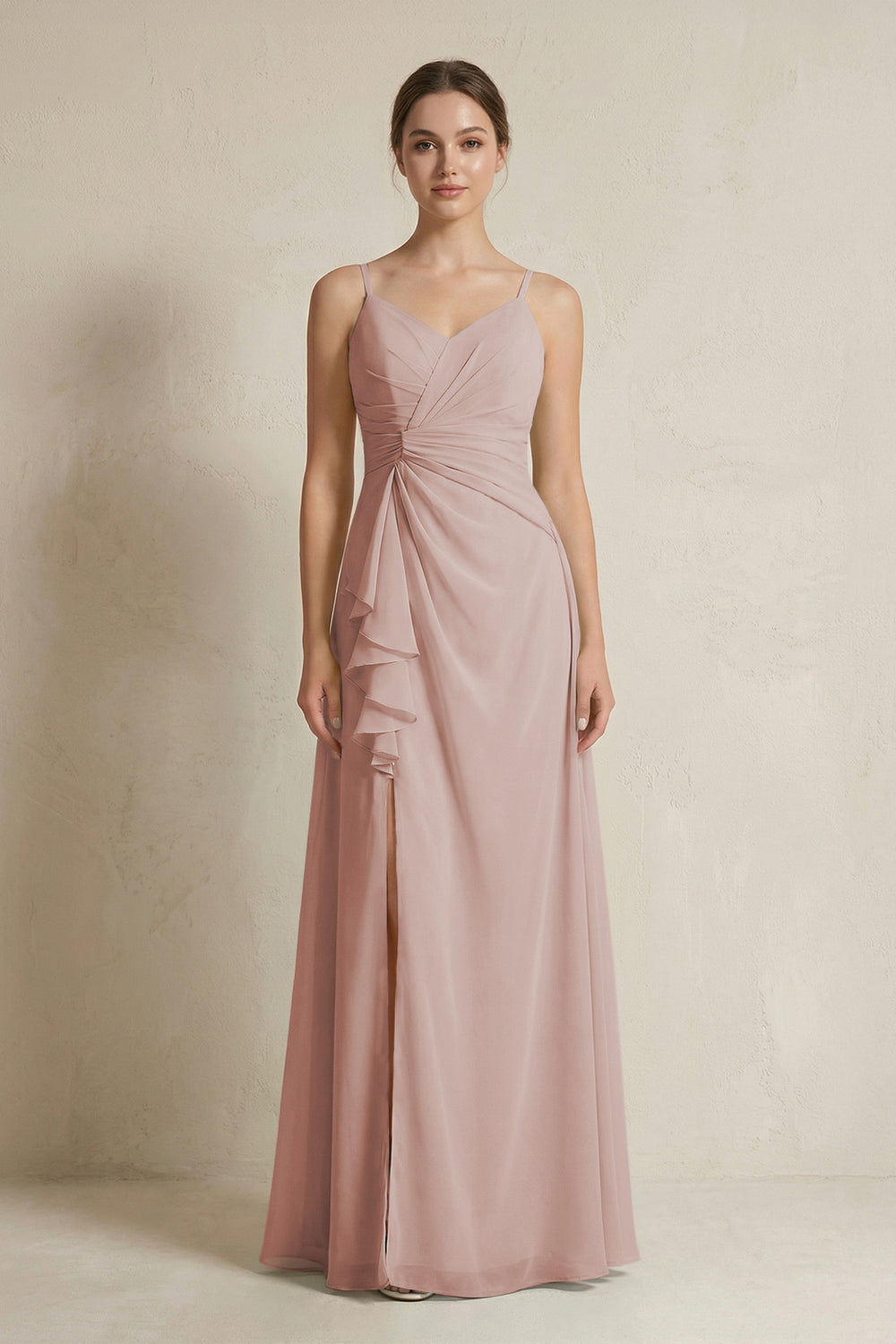A-Line Ruffled Spaghetti Strap Chiffon Bridesmaid Dress in Toffee