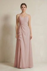 A-Line Ruffled Spaghetti Strap Chiffon Bridesmaid Dress in Toffee | KISSBRIDAL